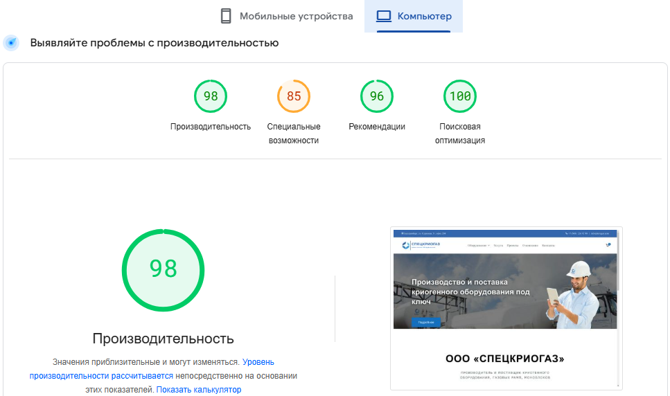 Техническая оптимизация сайта криогенного оборудования, вывод в зеленую зону по метрике PageSpeed