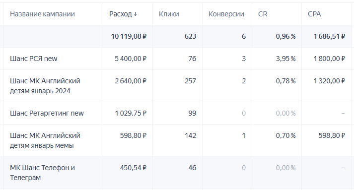статистика расходов и конверсий кампании языковой школы английского языка за январь-февраль 2024 года